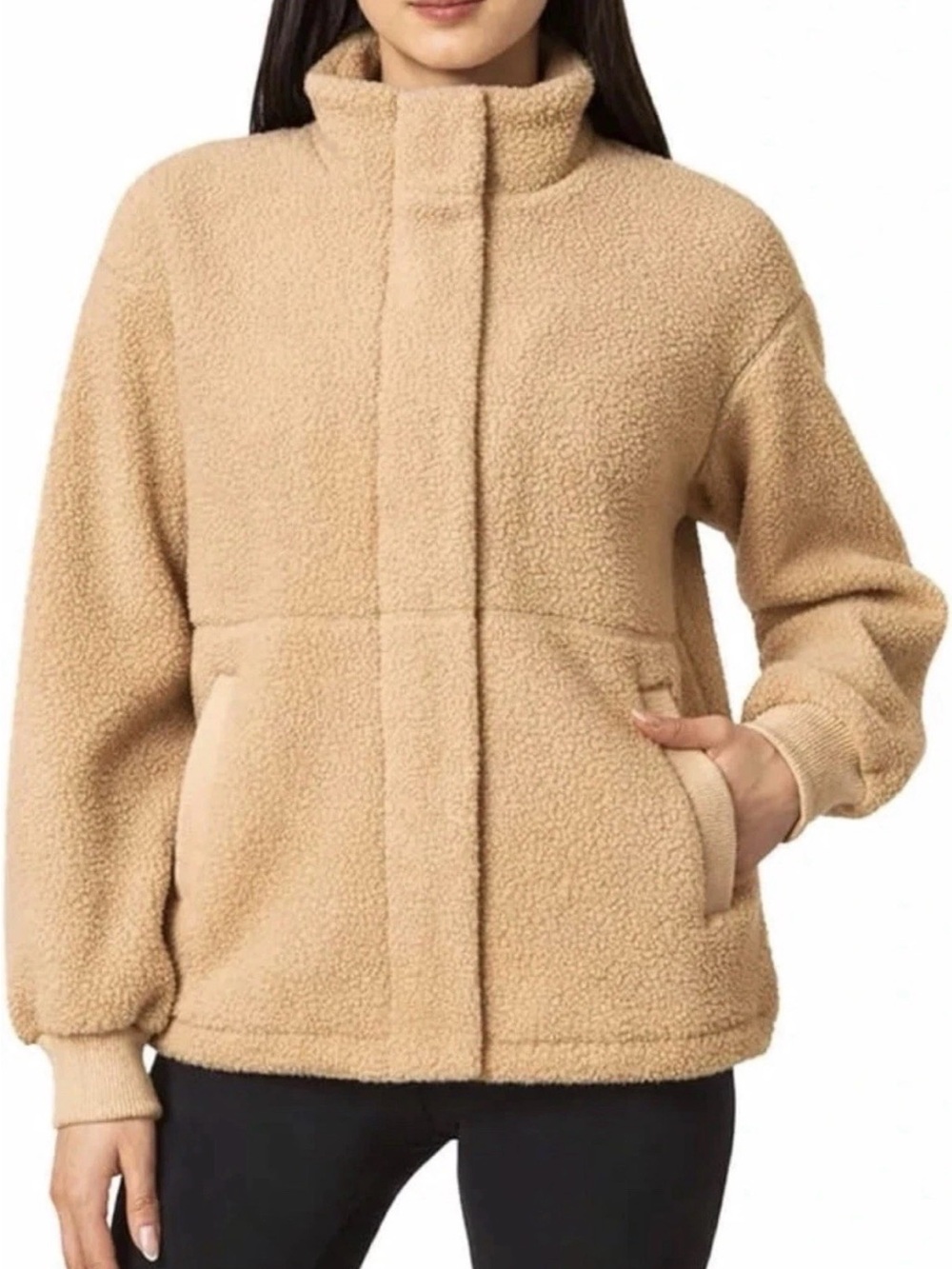 Mondetta Women’s Sherpa Full Zip Fleece Jacket Tan Small Recycled Polyester NWT